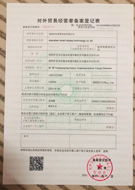 Chine Shenzhen Smart Display Technology Co.,Ltd Certifications