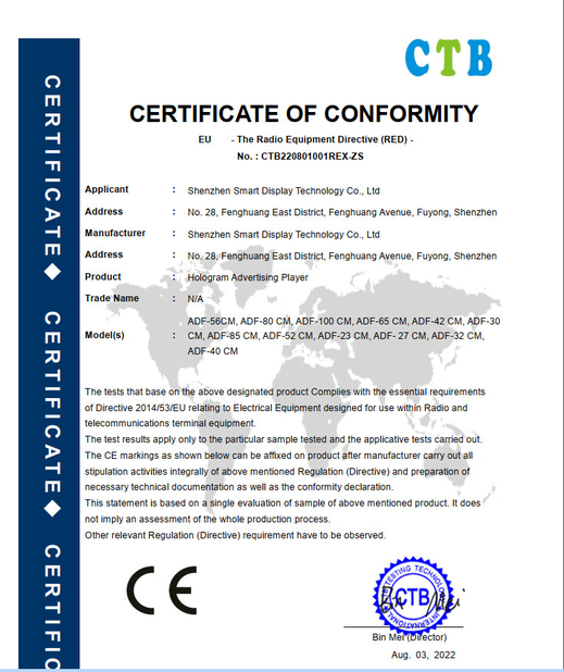 La Chine Shenzhen Smart Display Technology Co.,Ltd certifications
